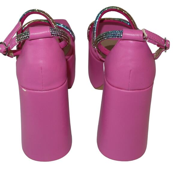 New Nasty Gal Pink Strappy Platform Heels with Rainbow Diamante Accent size 10 - Picture 5 of 7